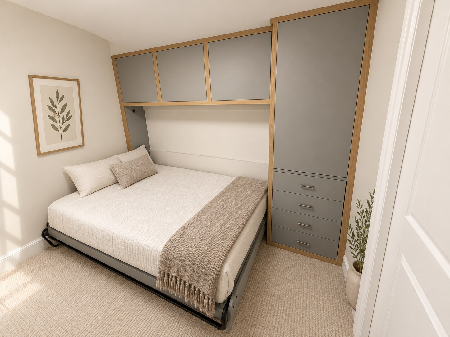 Open horizontal Murphy bed with gray cabinetry, natural wood trim, overhead cabinets, and side drawers