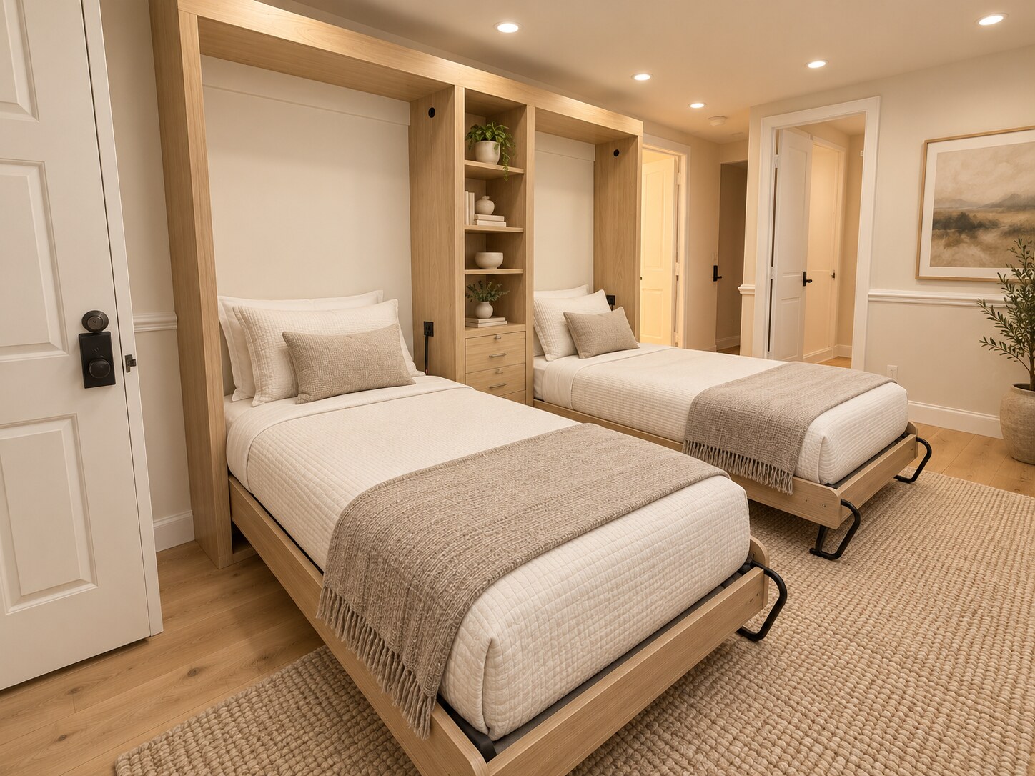Two open twin Murphy beds in natural wood cabinetry with center shelving and drawers