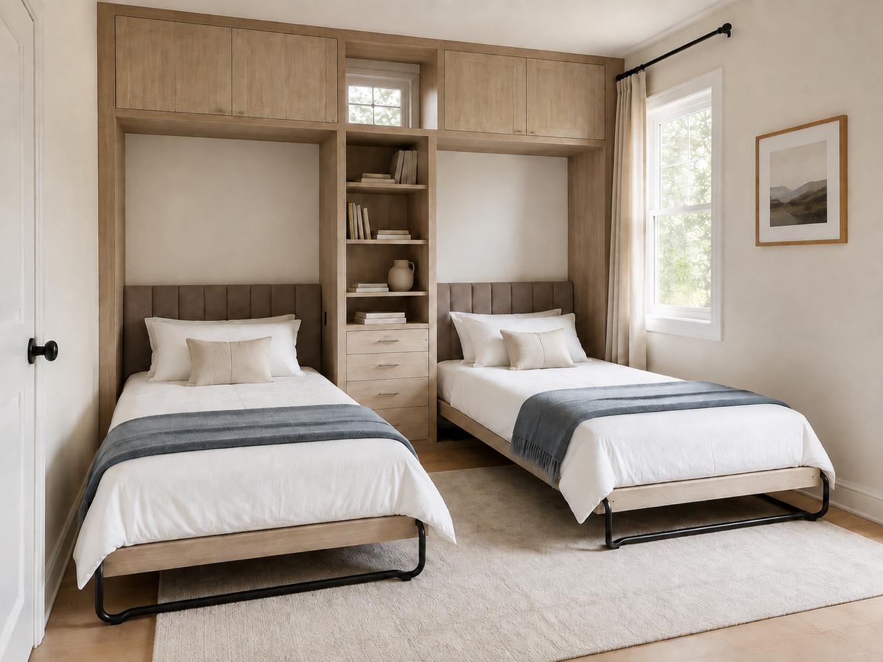 Two open oak twin Murphy beds with central shelves and drawers
