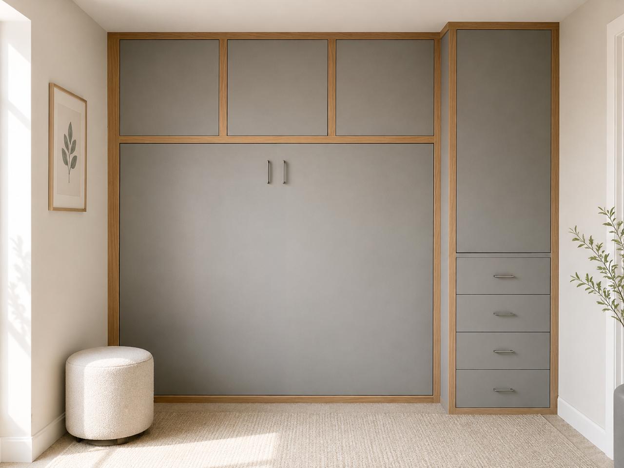 Closed gray Murphy bed framed in warm wood with overhead cabinets and drawers