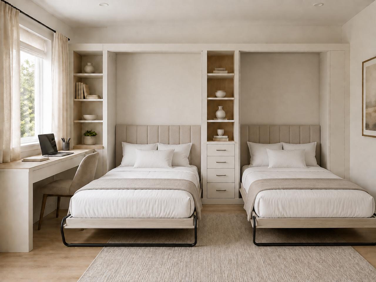 Two open white twin Murphy beds with shelving and a built-in desk