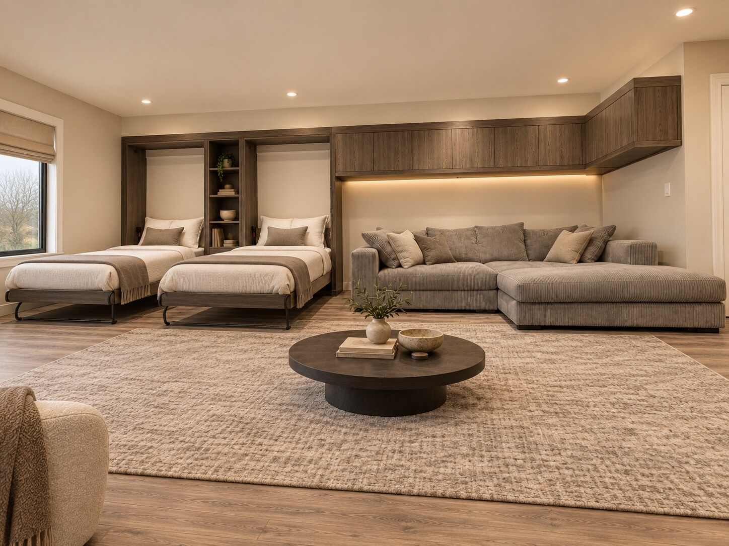Two open twin Murphy beds integrated into a dark-walnut living room wall